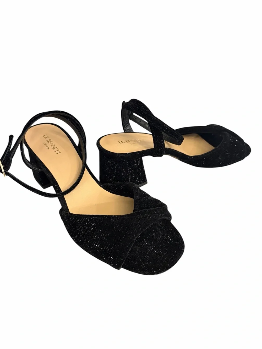 NWOT: LK Bennett Joelle Black Velvet Twist-Front Block Heels, Size EU 38/US 7